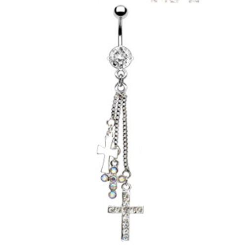 7mm Prong Set Gem Navel w/ Three Assorted Gem Paved Cross Dangle