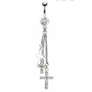 7mm Prong Set Gem Navel w/ Three Assorted Gem Paved Cross Dangle