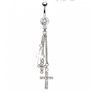 7mm Prong Set Gem Navel w/ Three Assorted Gem Paved Cross Dangle