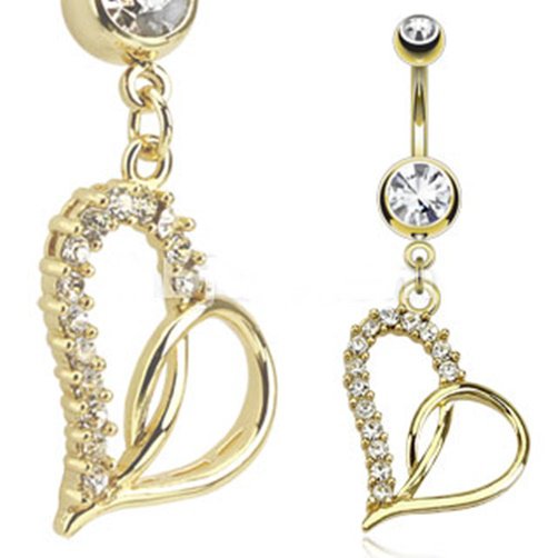 Loop Heart Multi Paved Gemmed Dangle 14kt Gold Plated Navel Ring