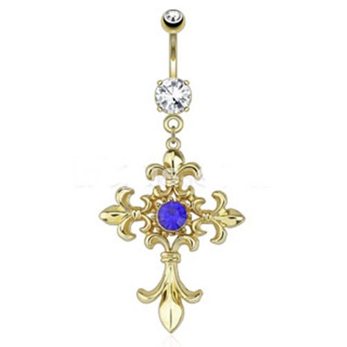 Fleur de Lis Cross with Centered Blue Gem Dangle 14kt Gold Plated Navel Ring