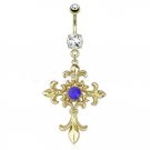 Fleur de Lis Cross with Centered Blue Gem Dangle 14kt Gold Plated Navel Ring