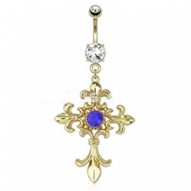 Fleur de Lis Cross with Centered Blue Gem Dangle 14kt Gold Plated Navel Ring