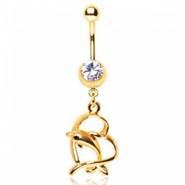 Gold Plated Leaping Dolphin and Heart Dangle Navel Ring