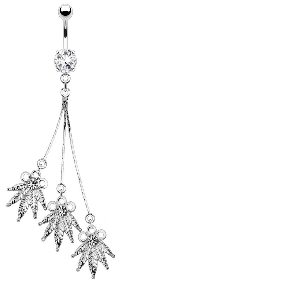 Triple Leaf Dangle Navel Ring w/Prong CZ Set
