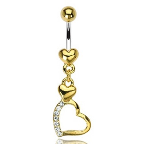 2 Heart Gem Pave Dangle with 316L Surgical Steel Gold Plated Heart Navel