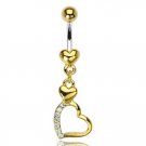 2 Heart Gem Pave Dangle with 316L Surgical Steel Gold Plated Heart Navel