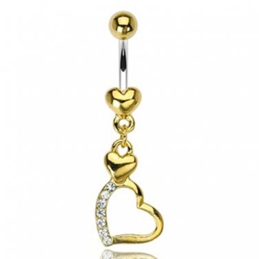 2 Heart Gem Pave Dangle with 316L Surgical Steel Gold Plated Heart Navel