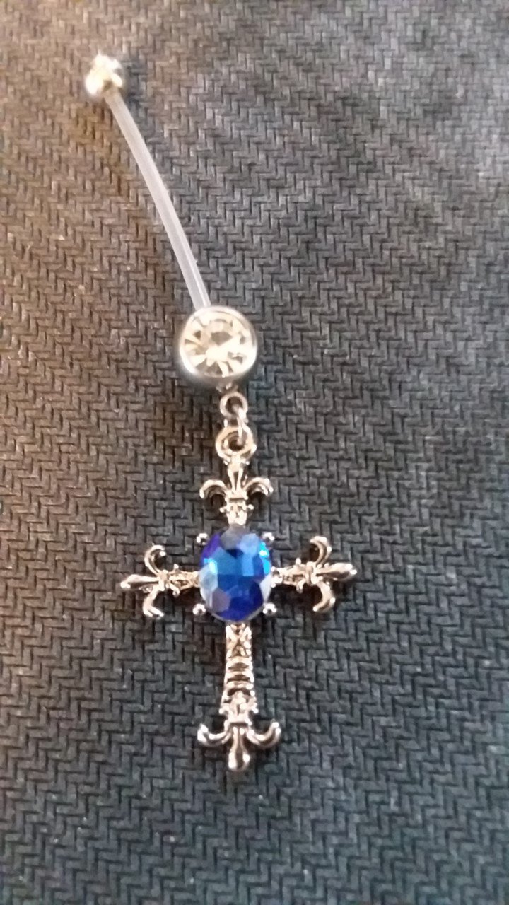 Pregnancy Fleur de Lis Cross/ Oval Blue Gem Dangle Navel Ring
