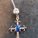 Pregnancy Fleur de Lis Cross/ Oval Blue Gem Dangle Navel Ring