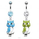 2 Piece set 316L Surgical Steel Epoxy Owl Dangle Navel Rings
