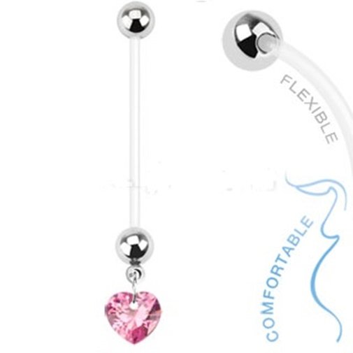 Pregnancy Dangling Heart with Pink Prong CZ Navel Ring