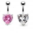 (2 PC) LARGE SILVER HEART PRONGSET WITH ONE PINK AND ONE CLEAR NAVEL RINGS