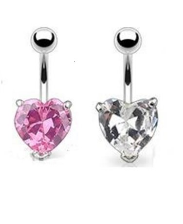 (2 PC) LARGE SILVER HEART PRONGSET WITH ONE PINK AND ONE CLEAR NAVEL RINGS