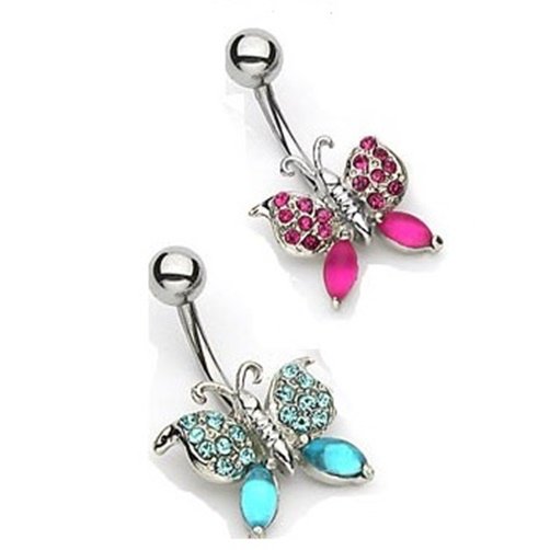 (2 Piece Set) Includes One Aqua And One Fuschia Colored Butterfly NAVEL RING