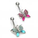 (2 Piece Set) Includes One Aqua And One Fuschia Colored Butterfly NAVEL RING