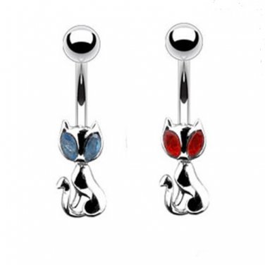 (2 PC SET) DANGLING CAT NAVEL RINGS w/ AQUA AND RED EYES