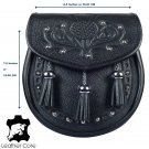 Premium Black Leather Scottish Semi Dress Sporran - Thistle Embossed Pattern