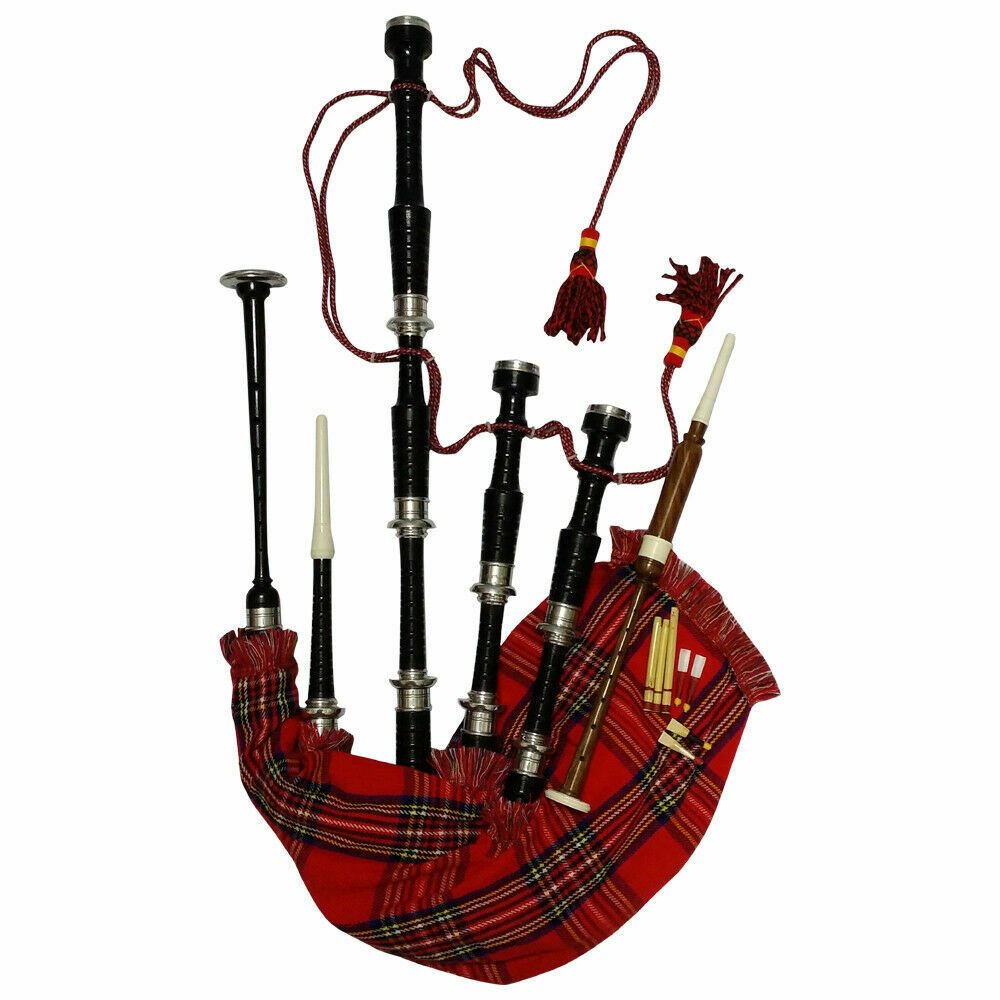 Scottish Royal Stewart Tartan Rosewood Bagpipes Black Finish With Silver Mounts