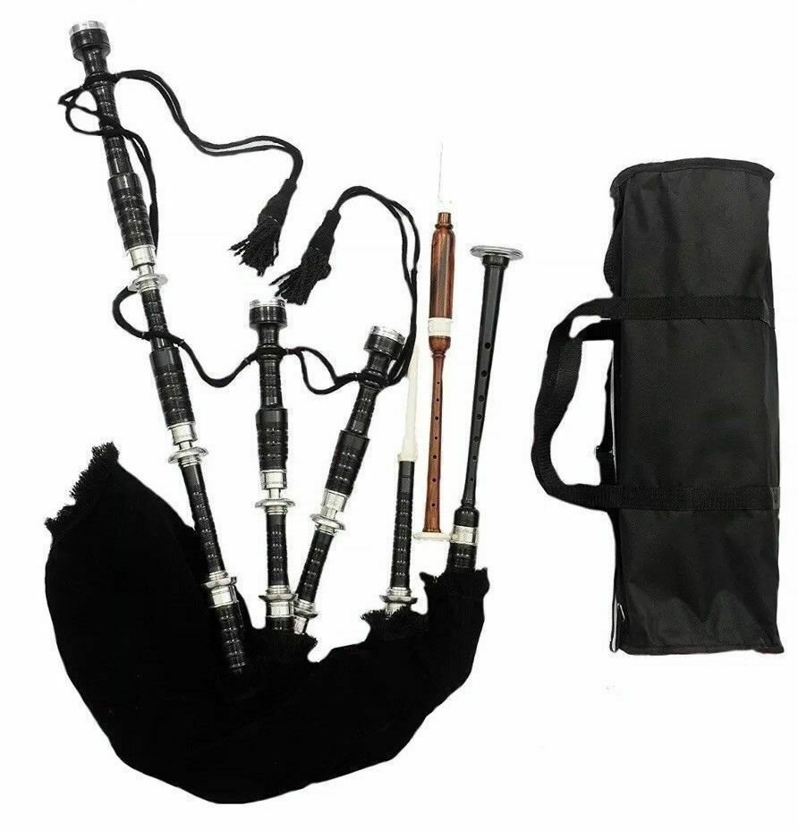 New Scottish Solid Black Rosewood Bagpipes Black Finish With Silver Mounts