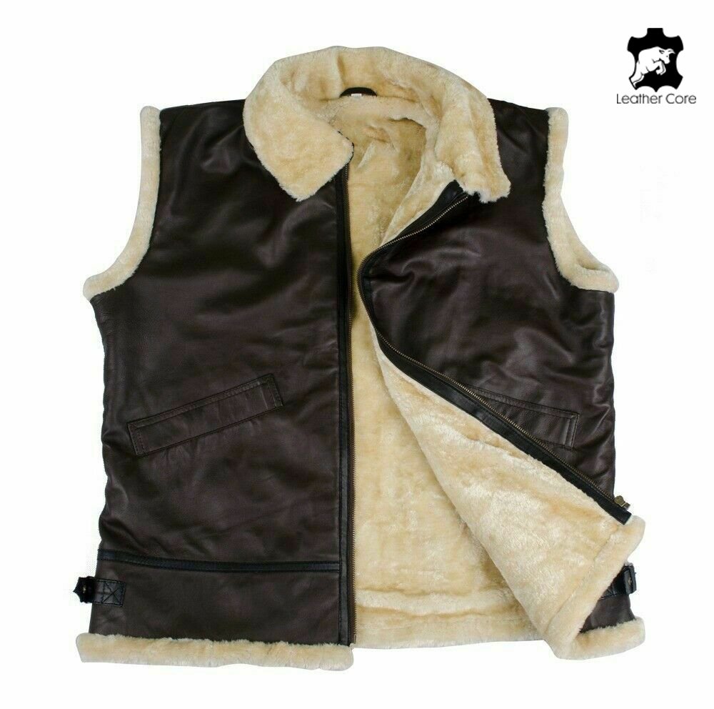 Men's RAF B3 Bomber Flight Aviator Fur Shearling Sheepskin Black Leather Vest Chest Size 28 - 52