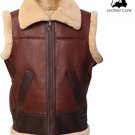 Men Brown Real Lambskin Leather Fur Shearling Vest - Waistcoat Free Shipping