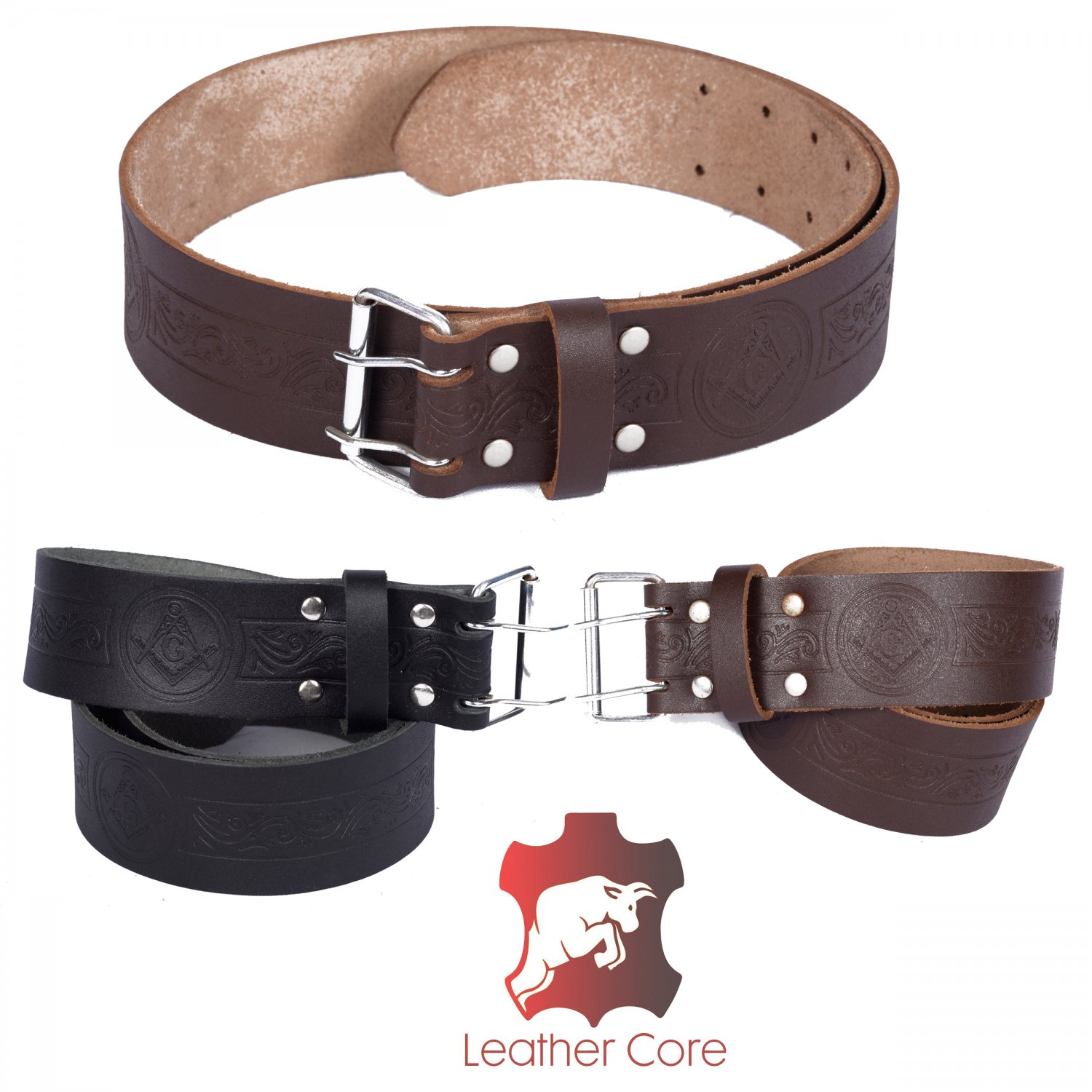 Premium Handmade Leather KILT BELT, Masonic Embossed Belt Dual Prong