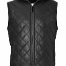 Genuine Lambskin Black Leather Men's Leather Vest Quilted Hooded Vest