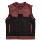 Men's Black & Red Leather Denim Vest Black Paisley Lining Concealed Waistcoat