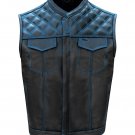Men's Leather Vest Royal Blue Thread Diamond Cut Motorbike Motorcycle Waistcoat