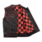 Men's Leather Vest Red Checker Concealed Red Paisley Lining Waistcoat