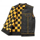 Men's Leather Vest With Yellow & Black Checker Motorcycle Concealed Waistcoat