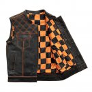 Men's Leather Vest Orange Checker & Orange Thread Concealed Waistcoat
