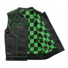 Men's Leather Black Vest With Green & Black Checker Inner Concealed Waistcoat