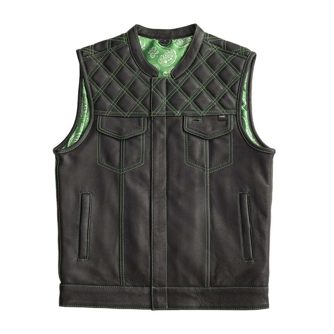 Men's Leather Black Vest W/ Green Paisley Lining & Stitching Concealed Waistcoat