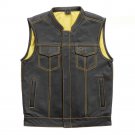 Men's Black Leather Vest With Yellow Inner Motorbike Concealed Waistcoat