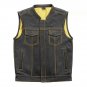 Men's Black Leather Vest With Yellow Inner Motorbike Concealed Waistcoat