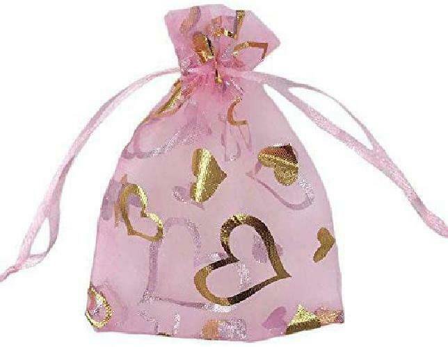 SumDirect 100Pcs 3.5x4.7 inch Sheer Pink Drawstring Heart Organza Favor Gift Bag