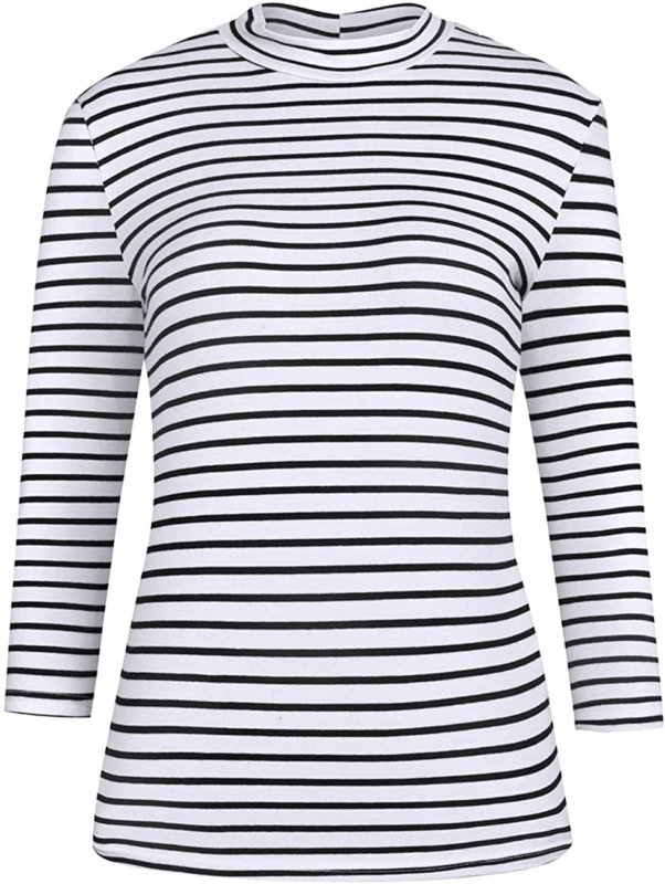 Women's 3/4 Sleeve Mock Neck Turtleneck Striped T-Shirt Slim Fit Tee ...