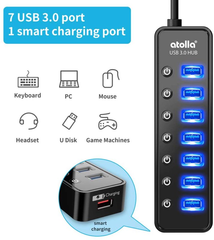 Powered USB Hub 3.0, Atolla 7-Port USB Data Hub Splitter With One Smart ...