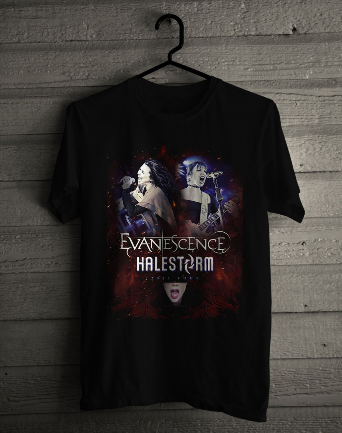 EVANESCENCE WITH HALESTORM TOUR 2021 FRONT SIDE BLACK TEE SHIRT