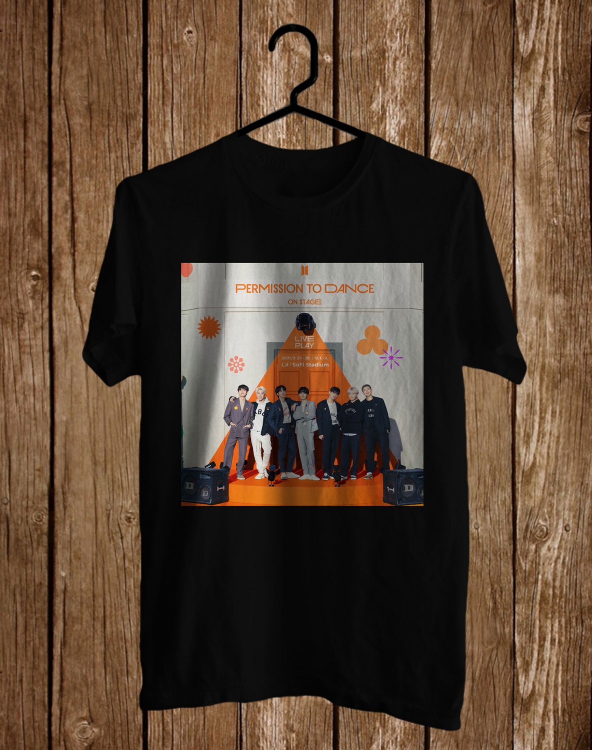 BTS PERMISSION TO DANCE ON STAGE SOFI STADIUM USA 2021 FRONT SIDE BLACK TEE SHIRT