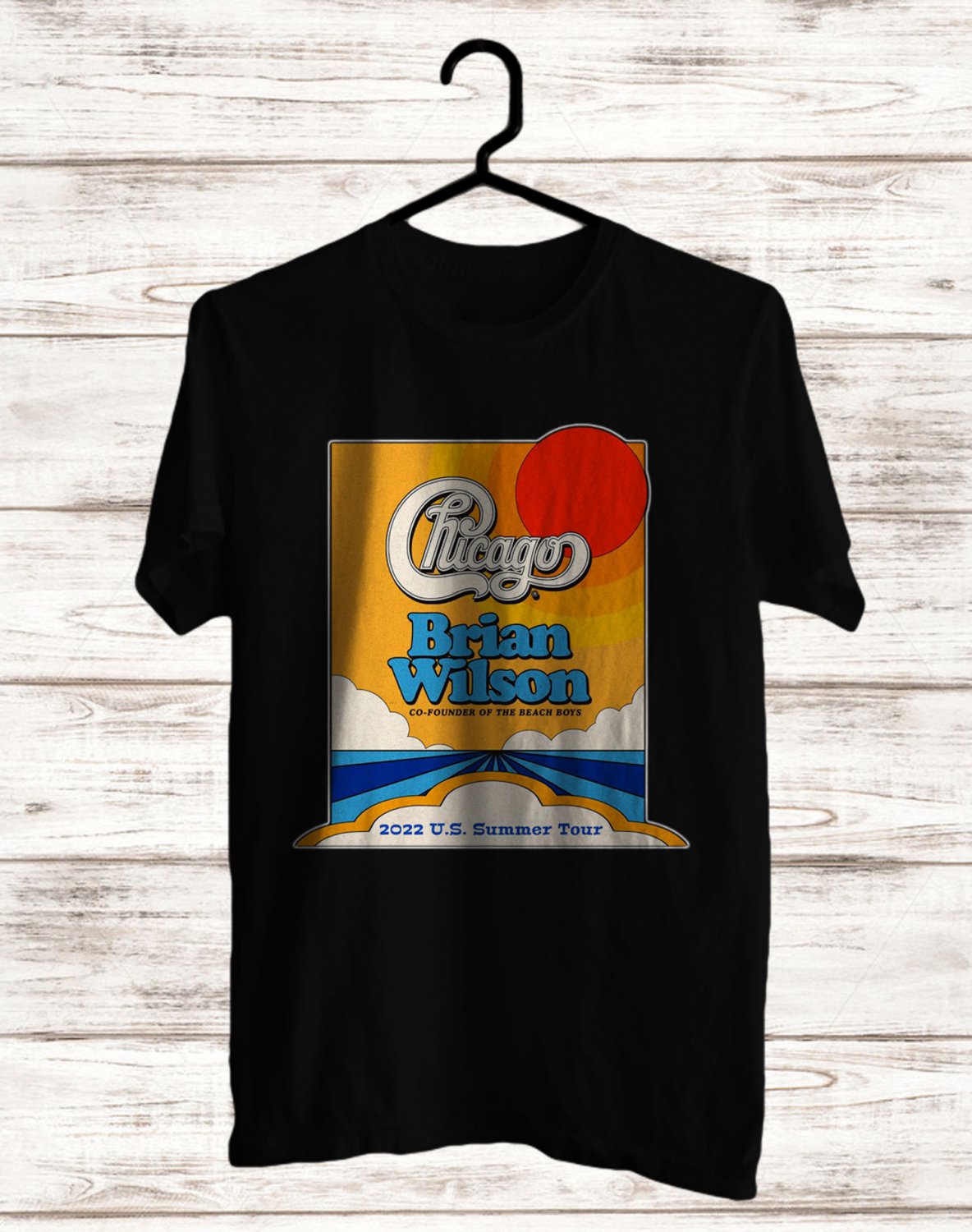 CHICAGO BAND AND BRIAN WILSON SUMMER TOUR 2022 FRONT SIDE BLACK TEE SHIRT V02