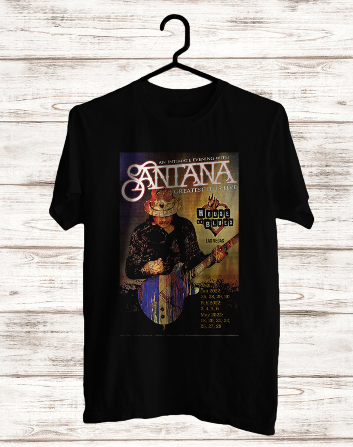 SANTANA AN INTIMATE EVENING GREATEST HITS LIVE LAS VEGAS DATES 2022 FRONT SIDE BLACK TEE SHIRT V01
