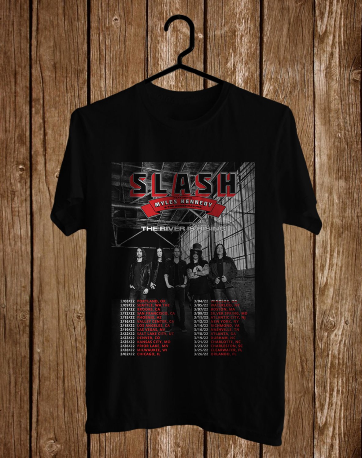 SLASH MYLES KENNEDY&THE CONSPIRATOR RIVER IS RISING TOUR DATE 2022 FRONT SIDE BLACK TEE SHIRT V02