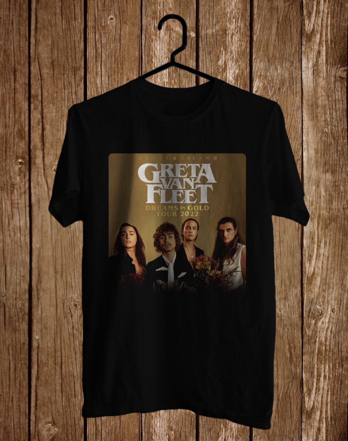 GRETA VAN FLEET DREAMS IN GOLD WORLD TOUR 2022 FRONT SIDE BLACK TEE SHIRT V01