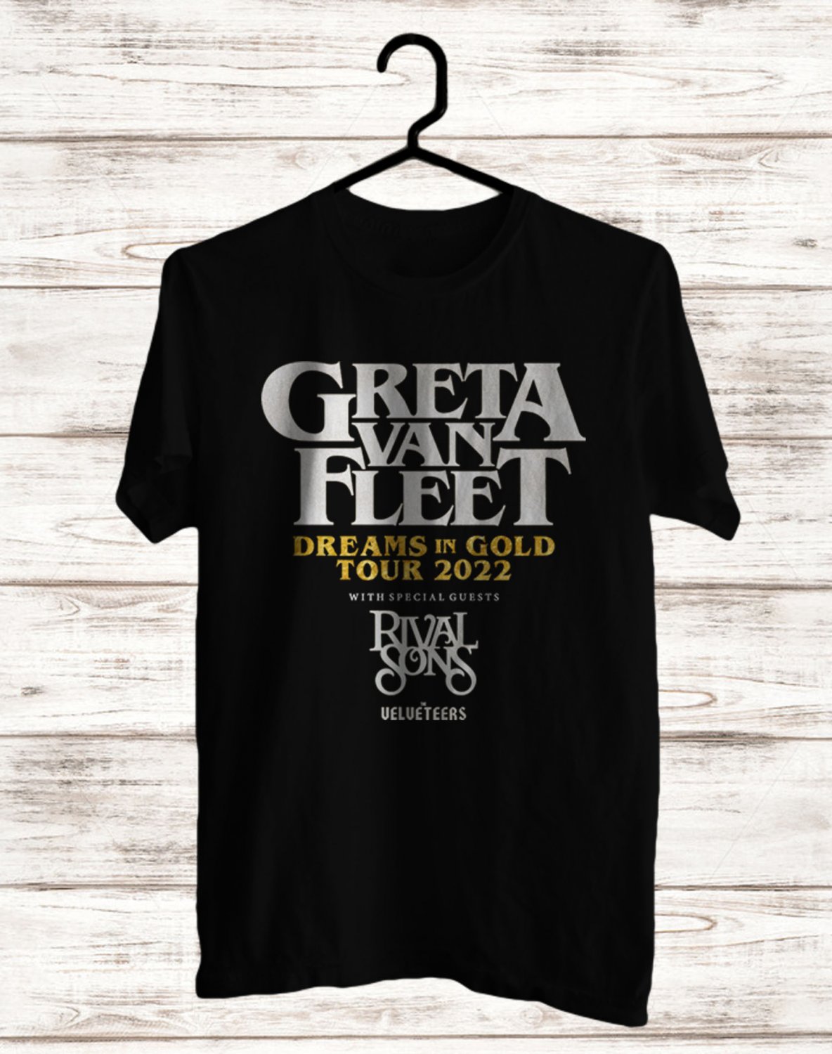 GRETA VAN FLEET DREAMS IN GOLD WORLD TOUR 2022 FRONT SIDE BLACK TEE SHIRT V02