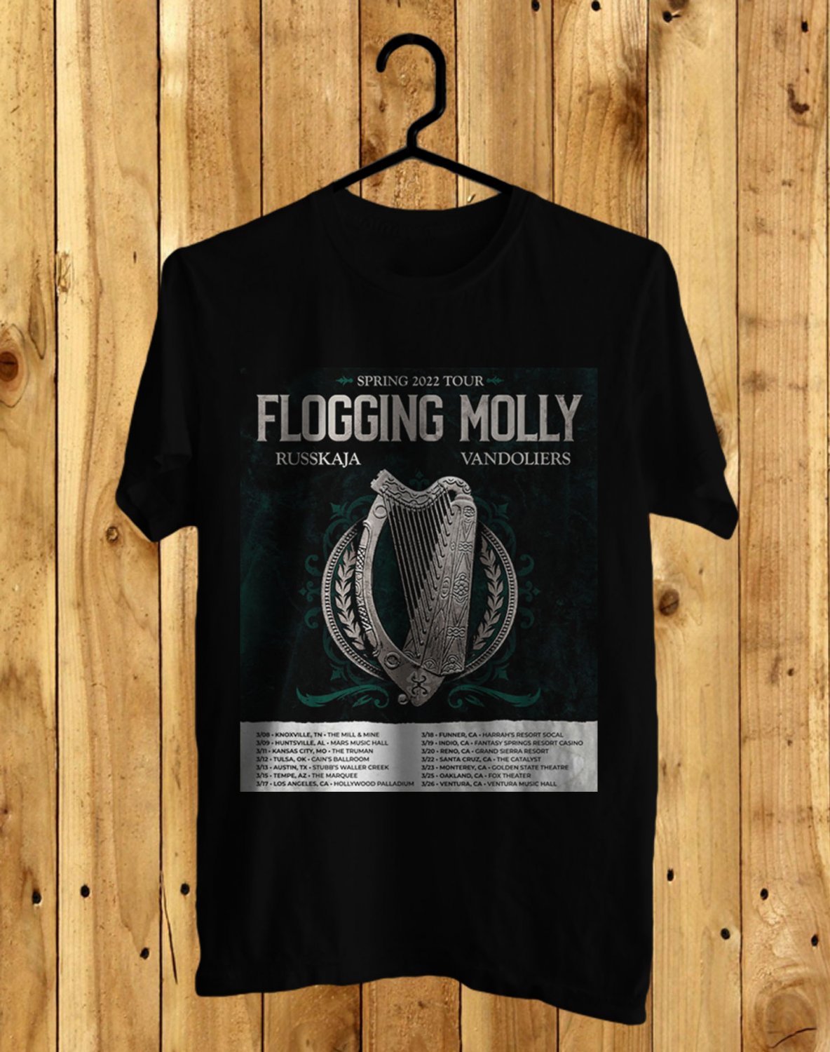 FLOGGING MOLLY SPRING TOUR DATES 2022 FRONT SIDE BLACK TEE SHIRT V01
