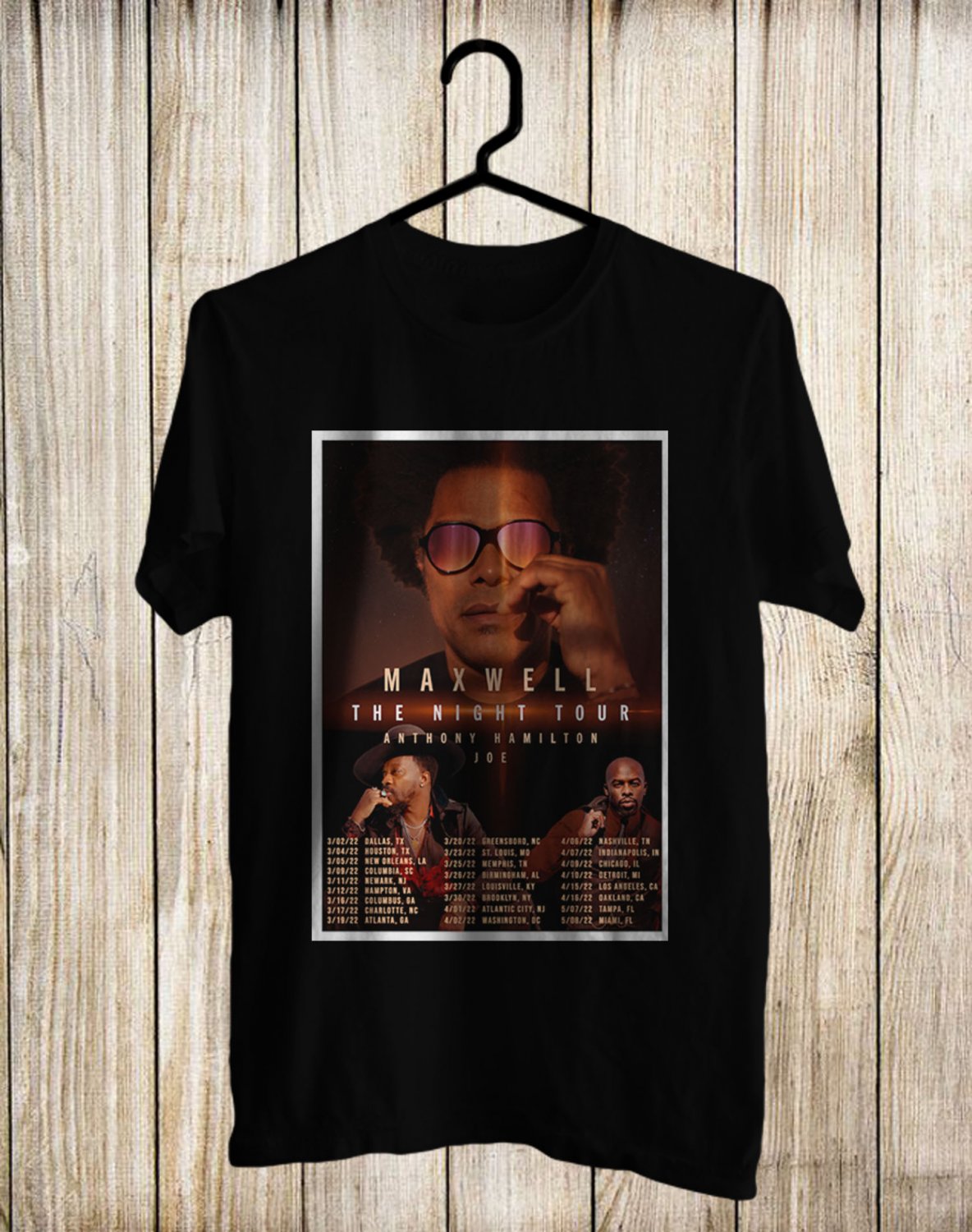 MAXWELL THE NIGHT TOUR USA DATES 2022 FRONT SIDE BLACK TEE SHIRT V01
