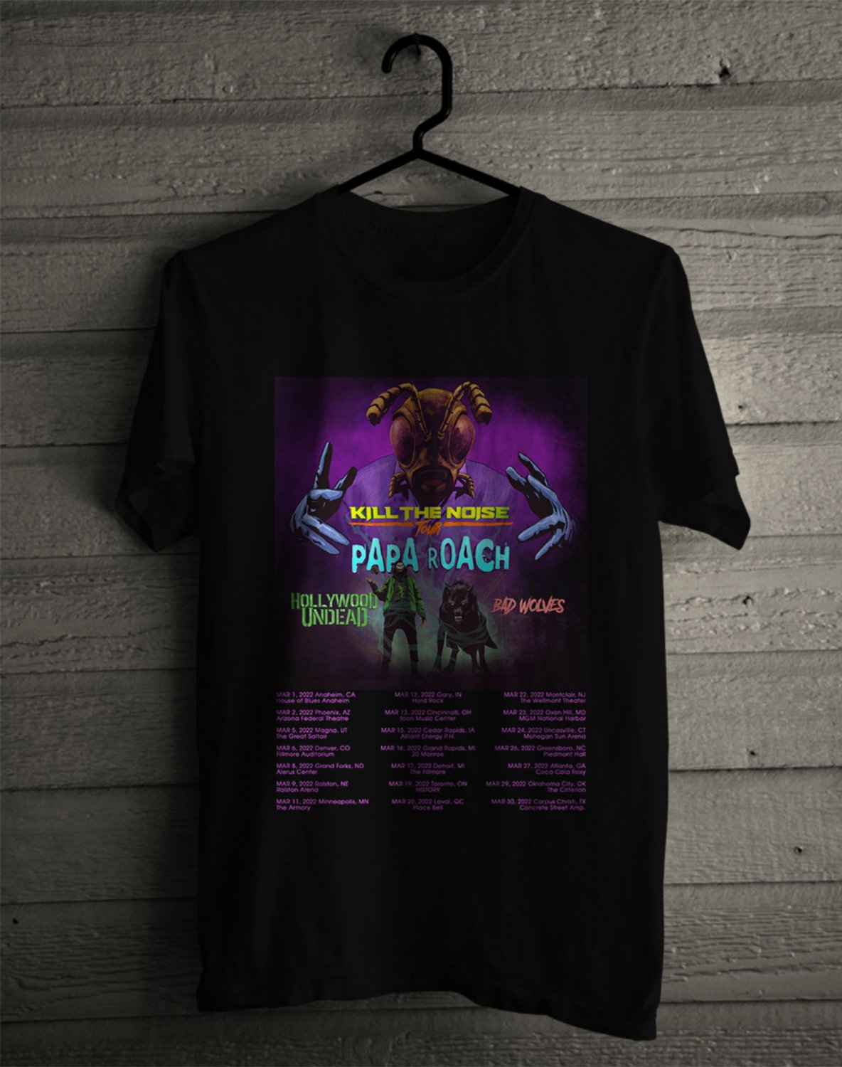 PAPAROACH KILL THE NOISE TOUR DATES 2022 FRONT SIDE BLACK TEE SHIRT V01